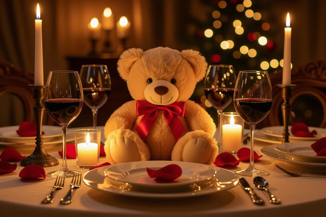 Romantic dinner setting with teddy bear gift for Valentine's Day or anniversary celebration