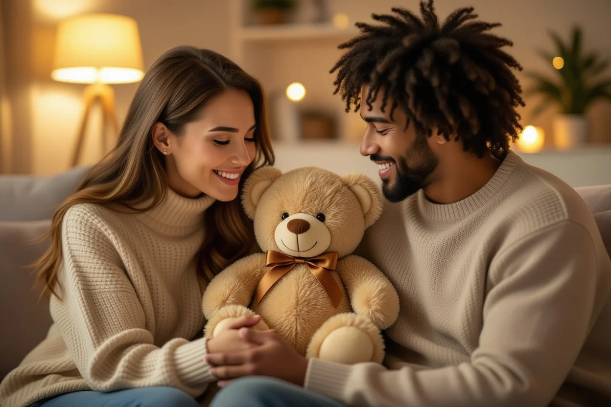 Couple sharing romantic gift-giving moment with luxury teddy bear present