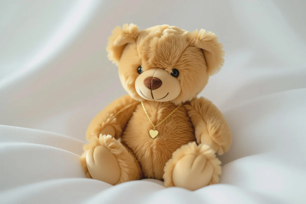 Mountova teddy bear with hidden necklace gift reveal showing gold heart pendant