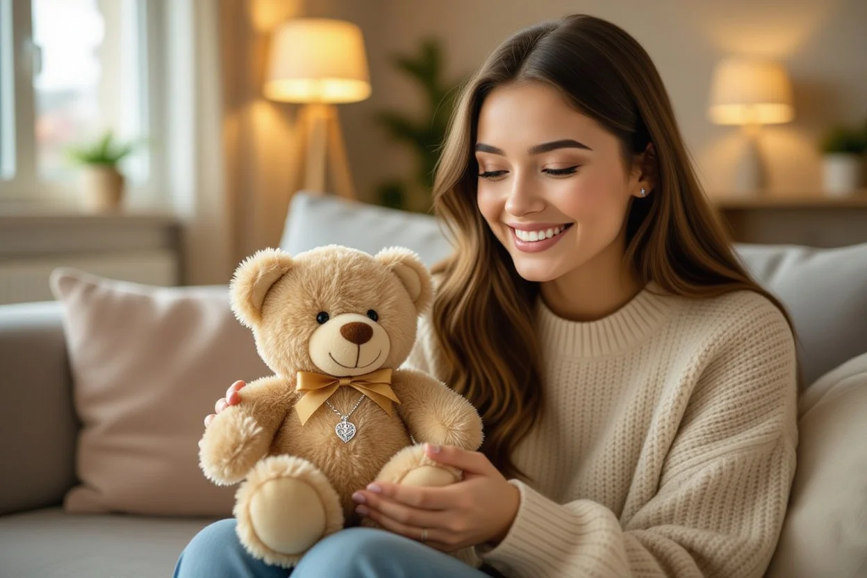 Woman discovering hidden necklace surprise in comfort teddy bear gift