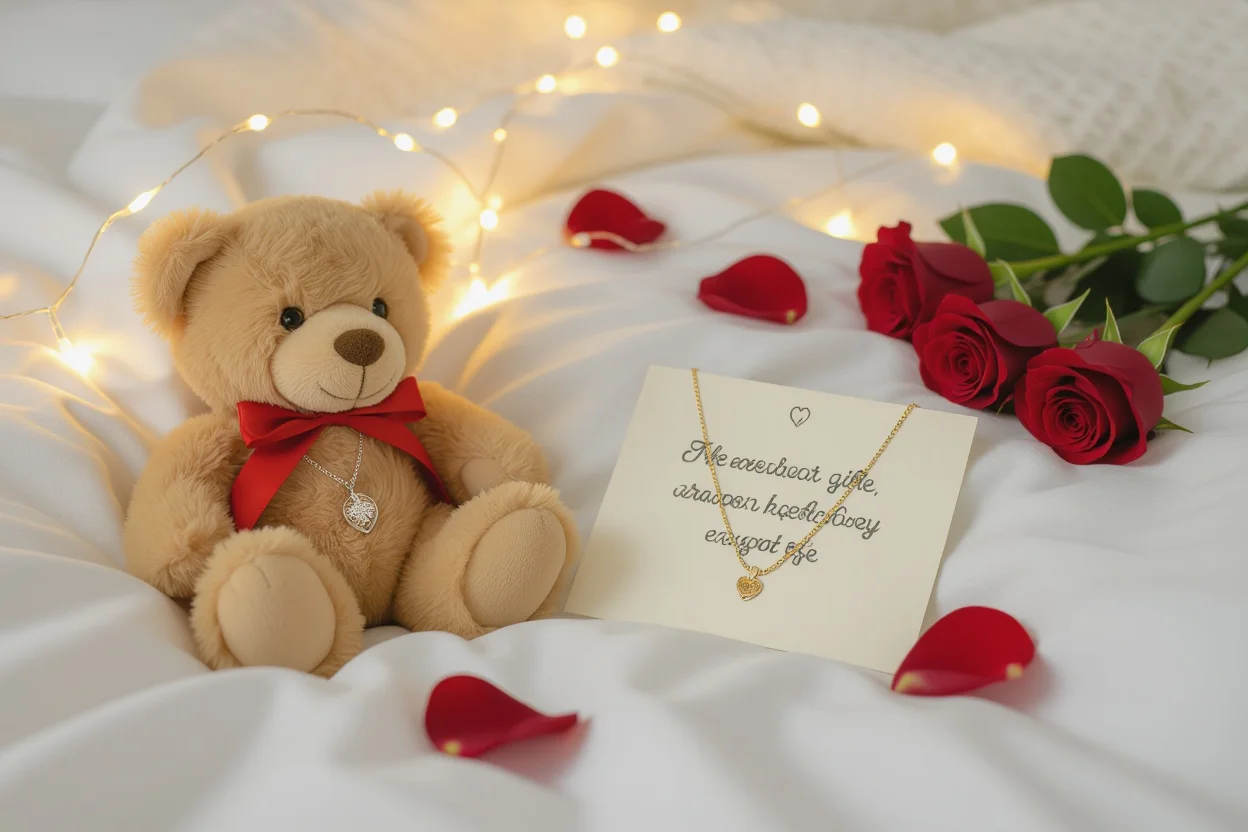 Romantic teddy bear and hidden necklace gift arrangement with rose petals and fairy lights