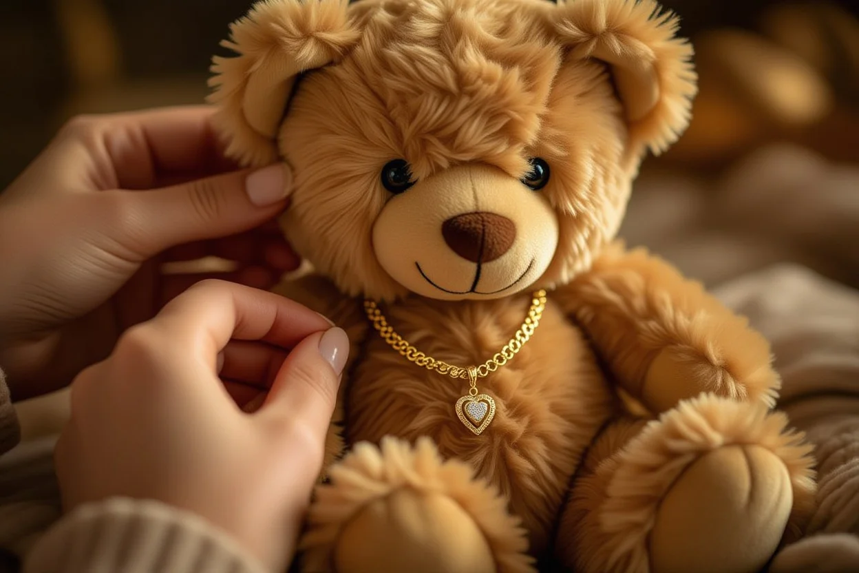 Close-up of hands revealing hidden necklace compartment in comfort teddy bear
