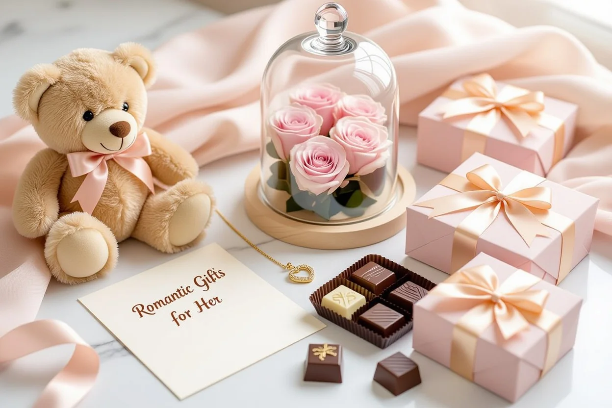 Curated collection of romantic gifts for her including teddy bear, jewelry, and luxury items for special occasions