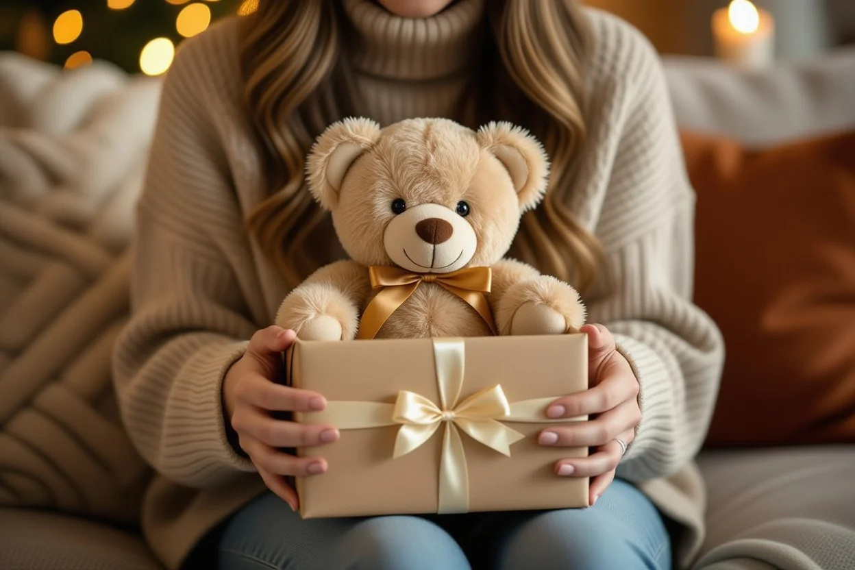 Woman unwrapping surprise teddy bear gift showing joy and excitement during gift exchange moment