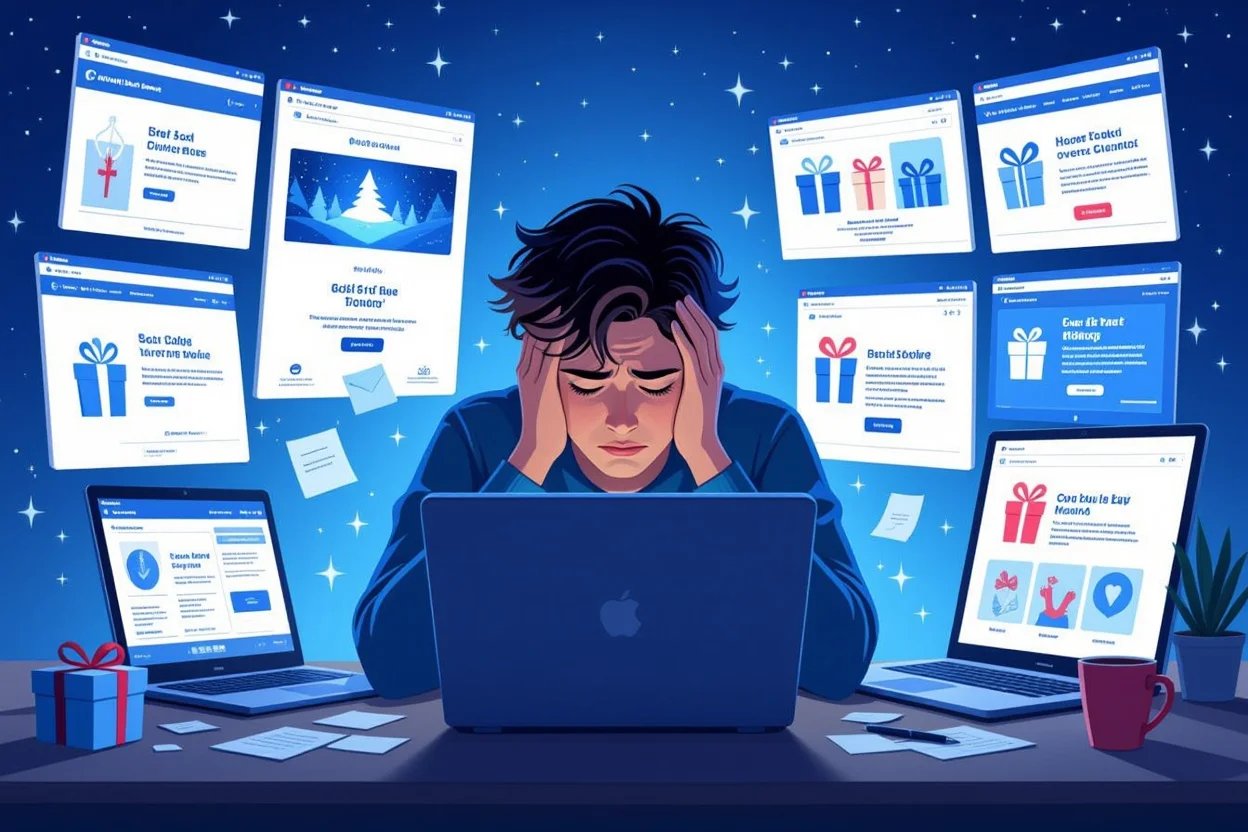 Person experiencing gift-giving stress while online shopping for the perfect romantic present