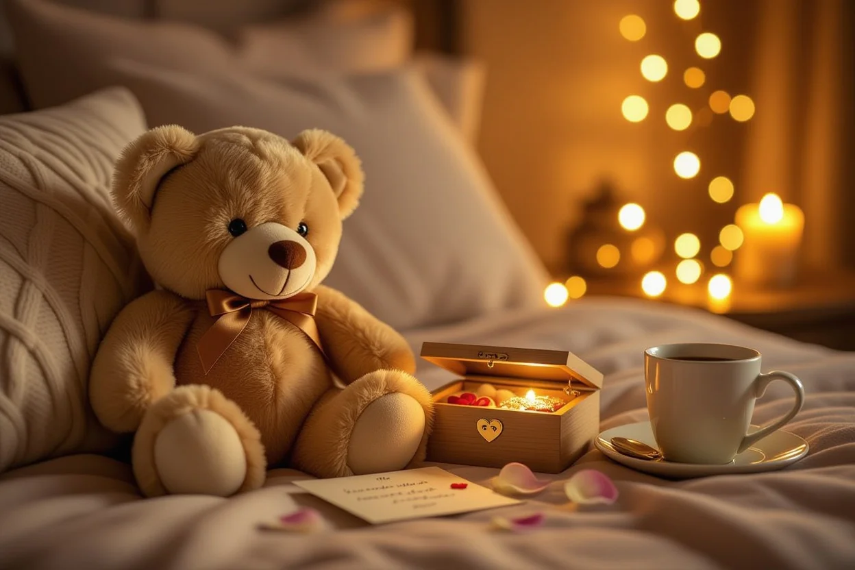 Romantic teddy bear with hidden compartment revealing surprise gift inside