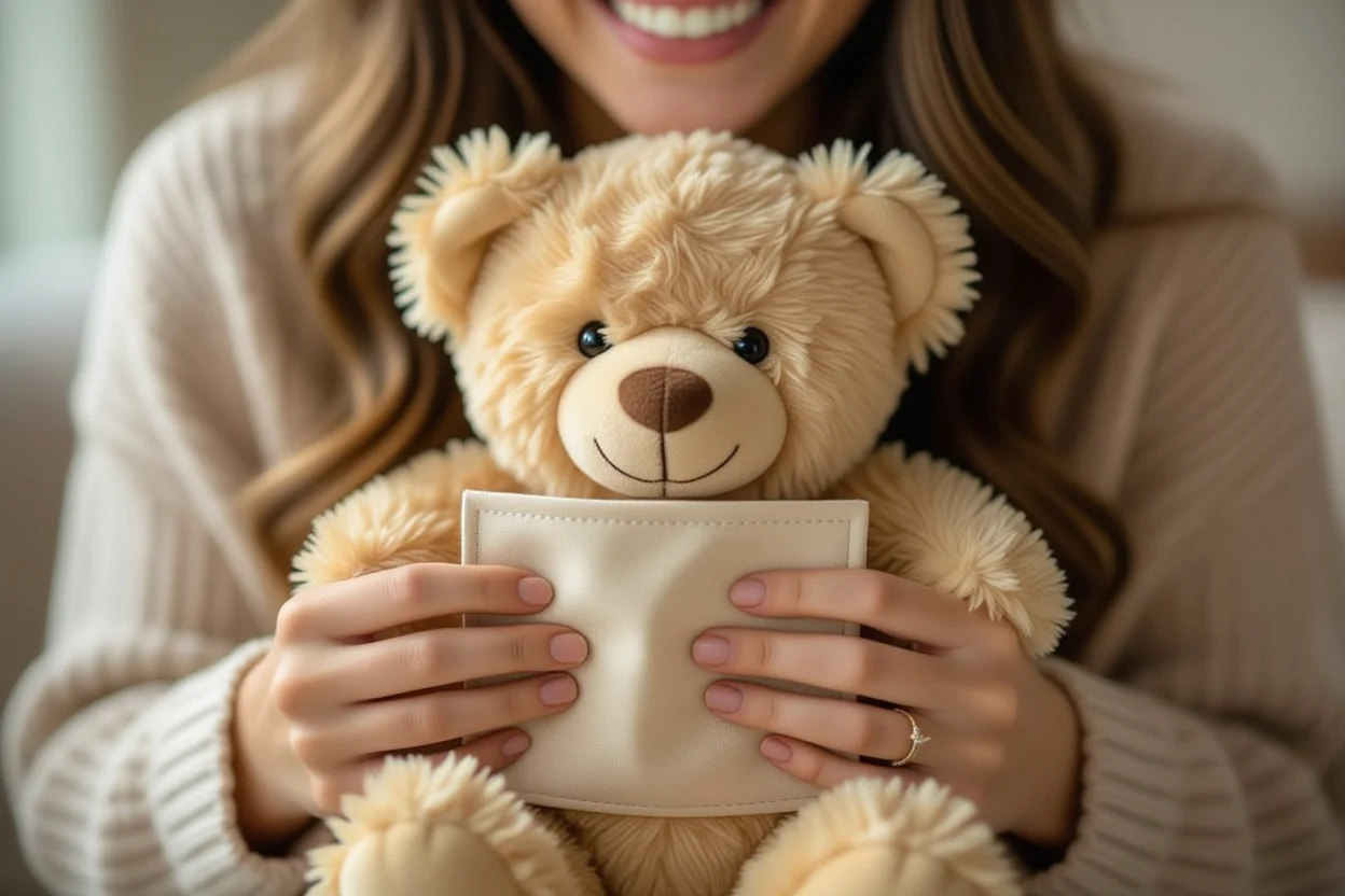 Person discovering hidden surprise in romantic teddy bear gift with joyful expression
