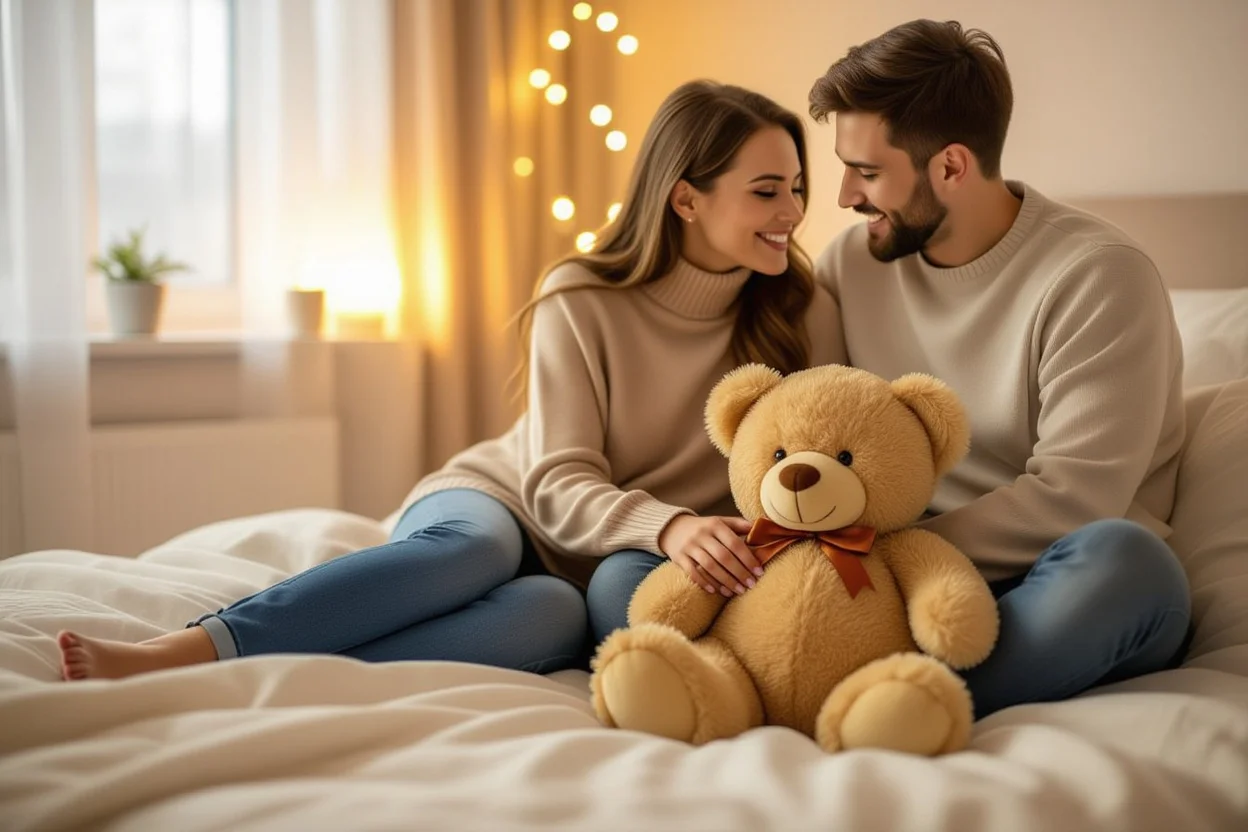 Romantic couple with thoughtful teddy bear gift creating lasting memories together