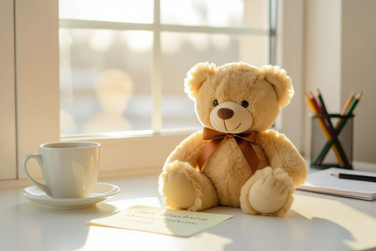 Cute teddy bear surprise gift with handwritten note on office desk - spontaneous gift ideas