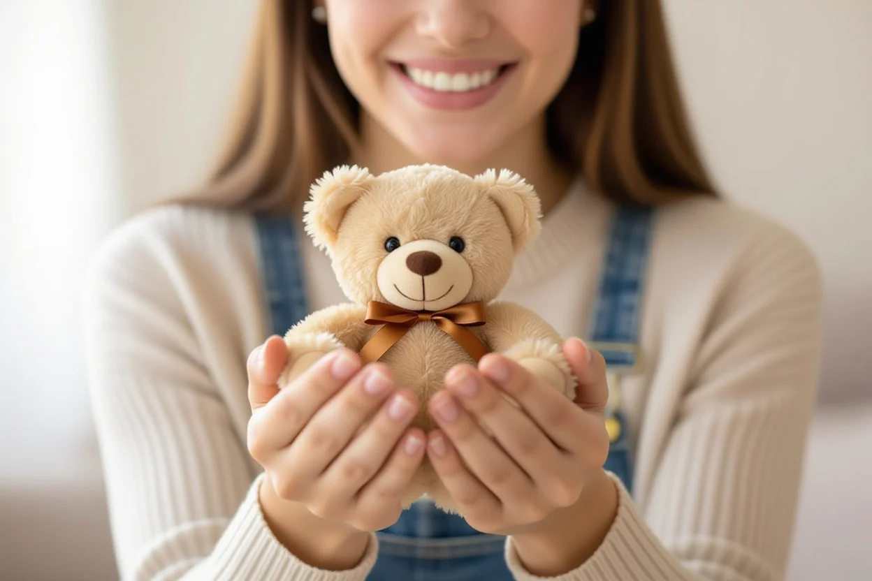 Woman receiving surprise teddy bear gift showing genuine happiness and appreciation