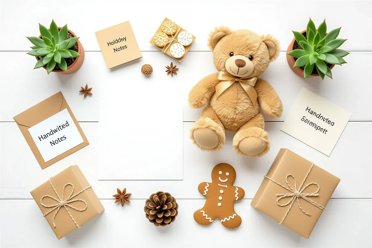 Spontaneous gift ideas flatlay featuring teddy bear and thoughtful presents for friends