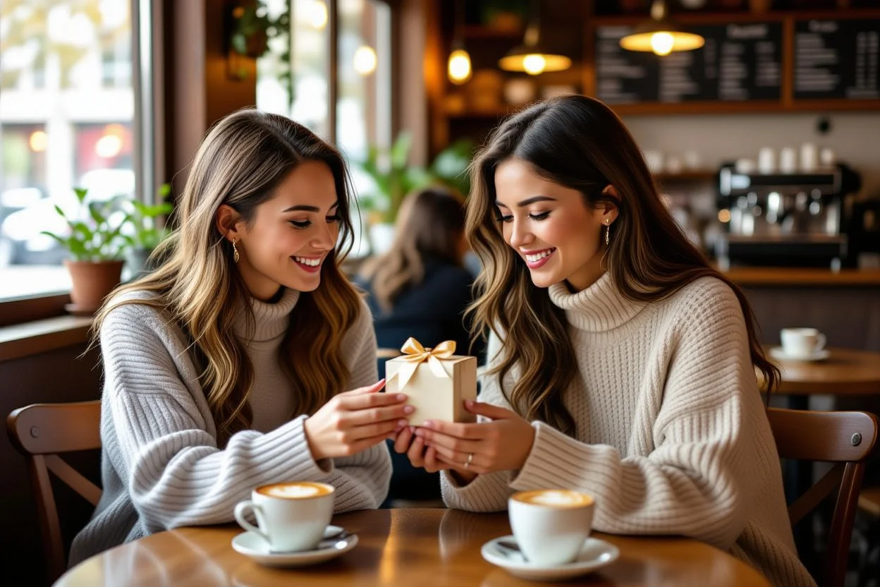 Best friends exchanging thoughtful surprise gift in cozy cafe setting - friendship appreciation