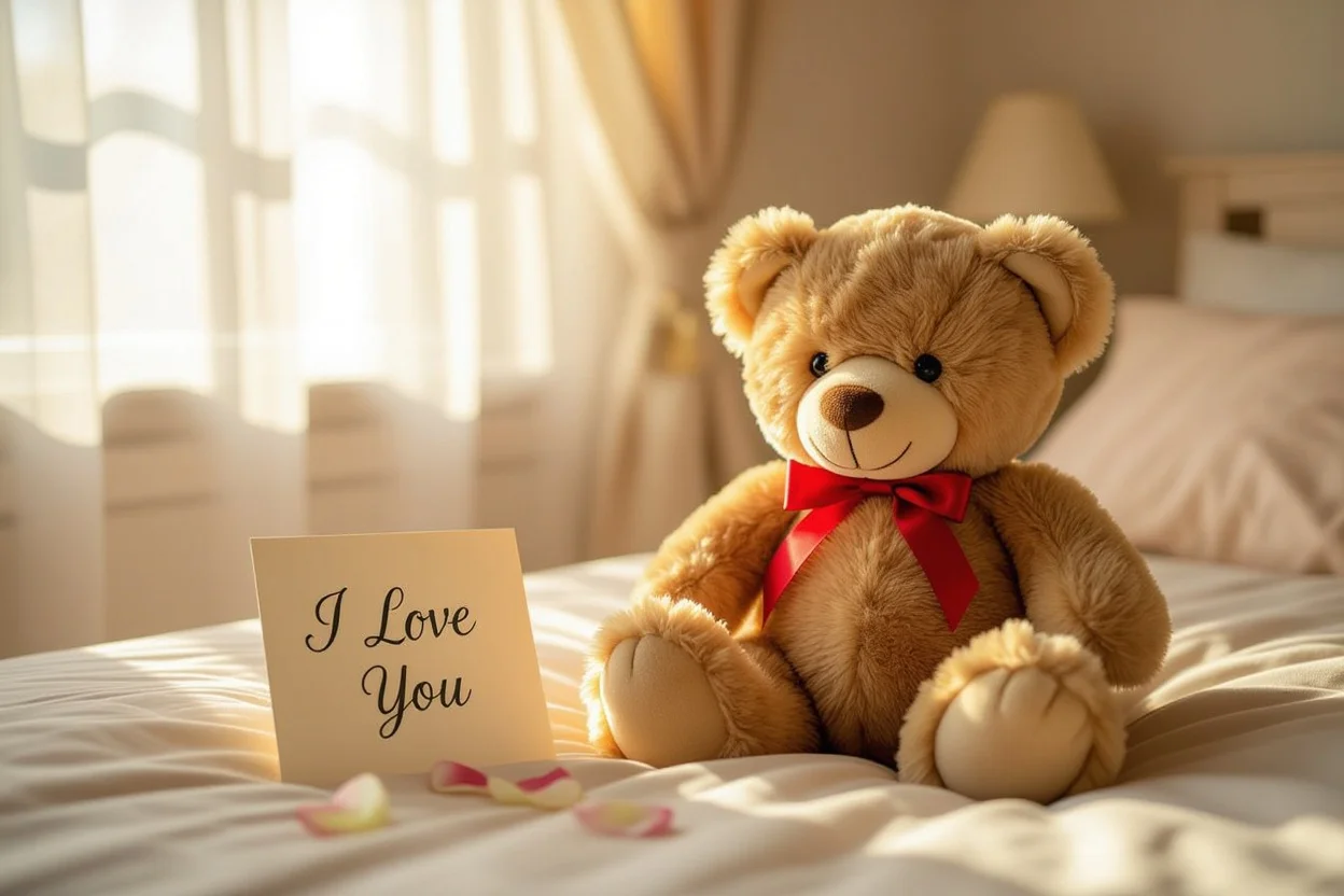 Romantic teddy bear gift with love note on bed - daily appreciation gifts for couples