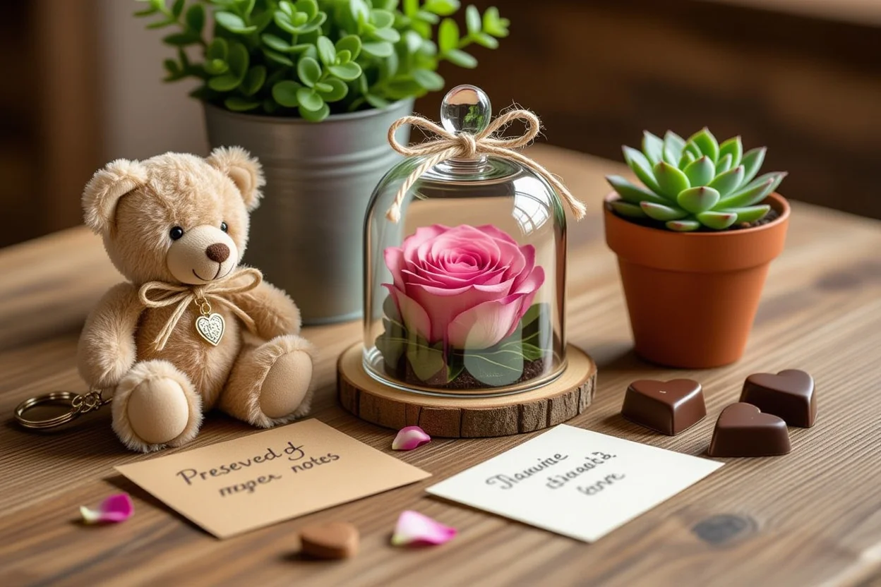 Collection of small romantic gifts for daily appreciation - teddy bears and preserved flowers