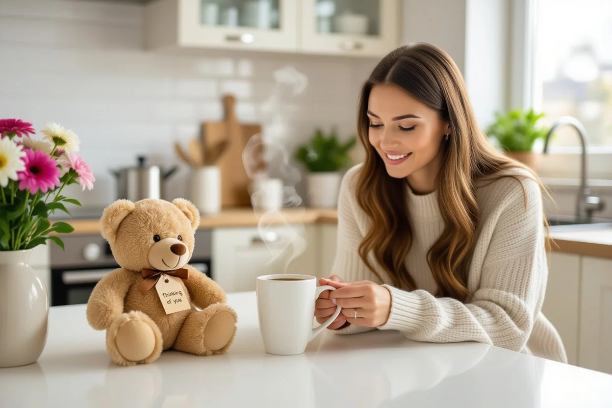 Surprise teddy bear gift in kitchen - romantic daily gestures and appreciation gifts for her
