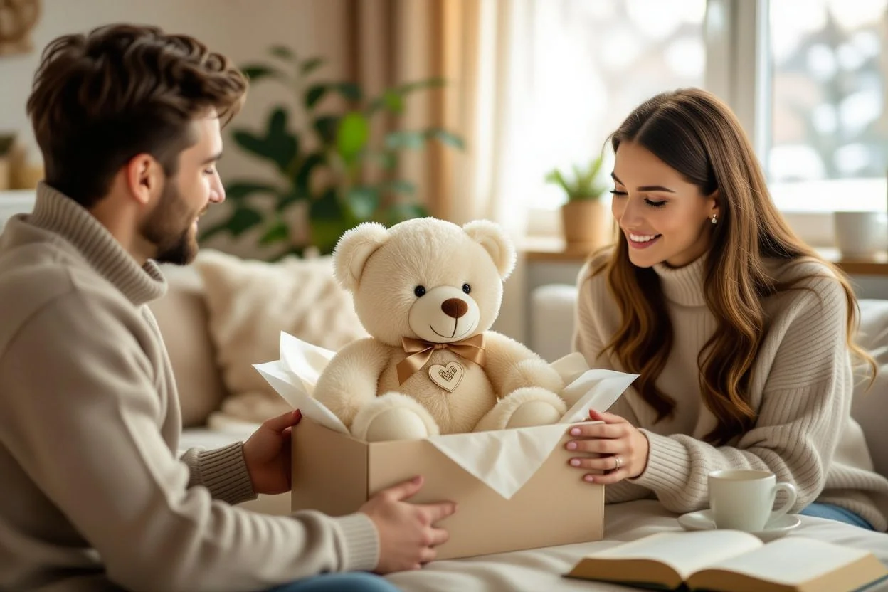 Woman receiving thoughtful teddy bear gift from partner in romantic home setting
