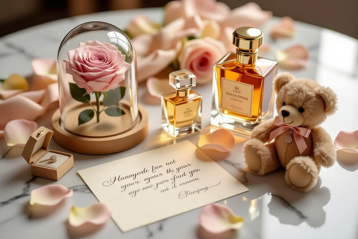 Curated collection of thoughtful romantic gifts arranged beautifully for Valentine's Day