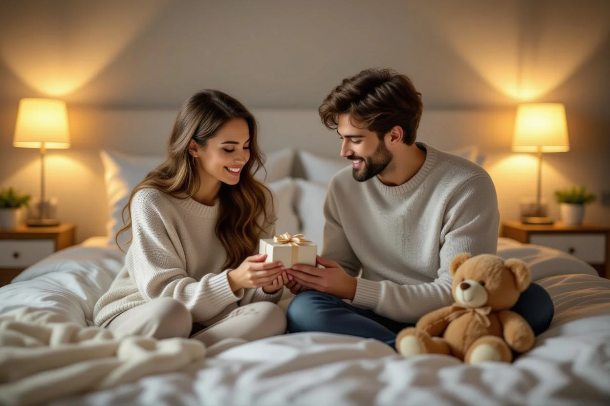 Intimate couple moment during thoughtful gift exchange in romantic bedroom setting