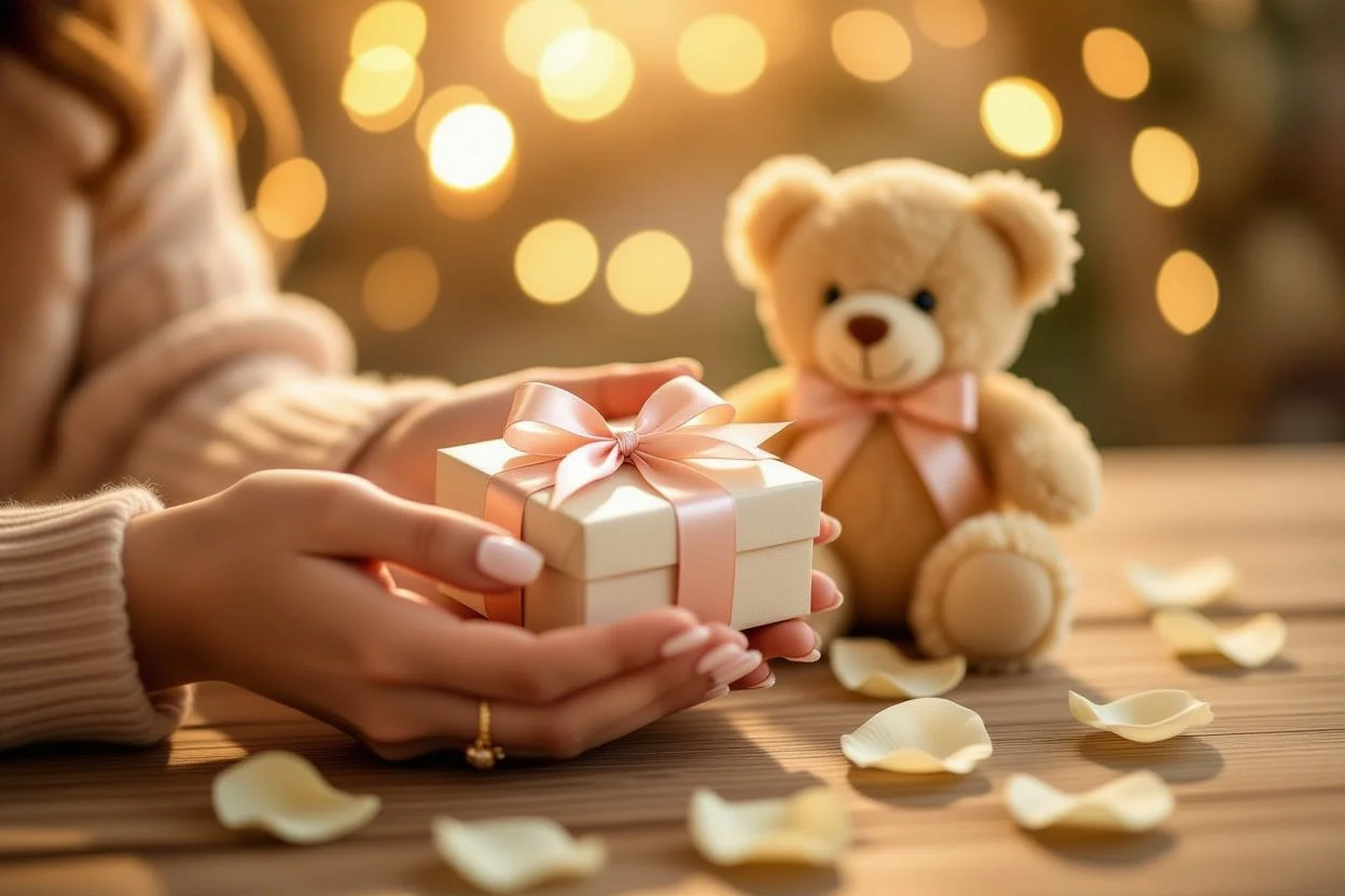 Close-up of hands holding romantic gift with teddy bear in soft romantic lighting