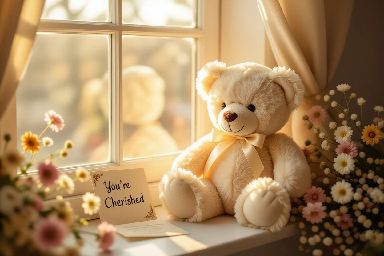 Romantic teddy bear gift with preserved flowers and cherished note for spontaneous romantic gifts