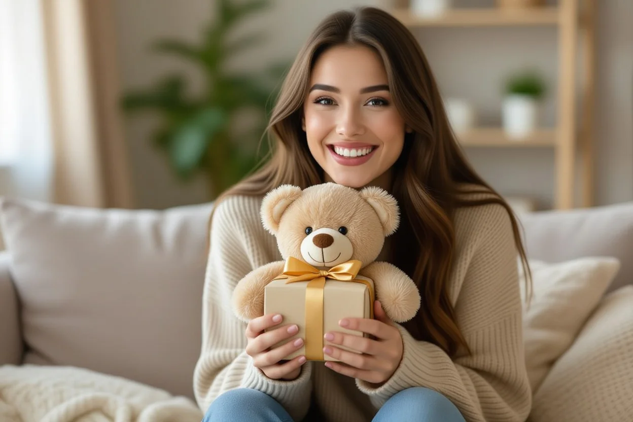 Woman receiving surprise teddy bear gift showing joy and appreciation for spontaneous romantic gesture