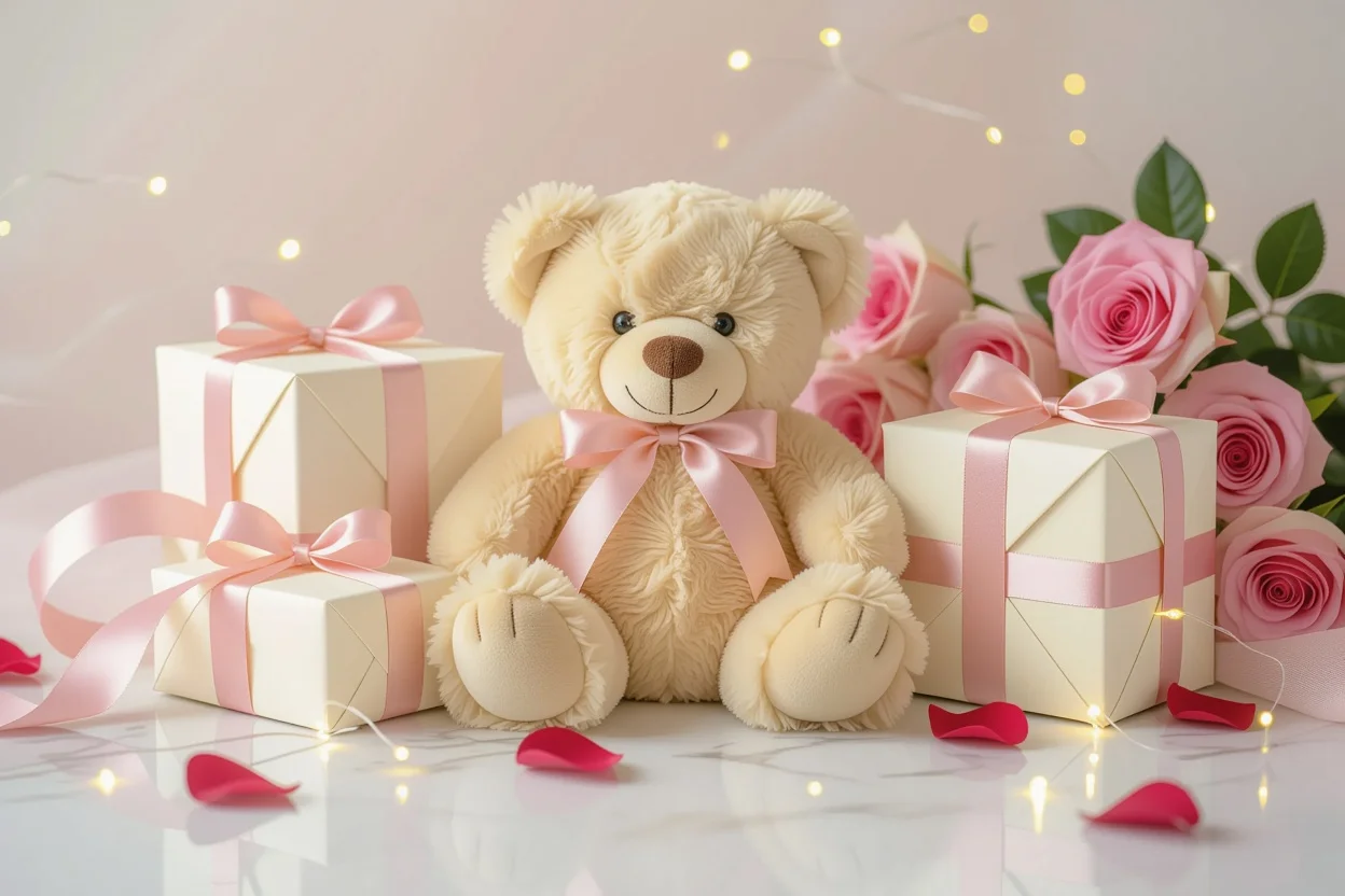 Elegant romantic teddy bear gift arrangement with roses and fairy lights for special gifts for her
