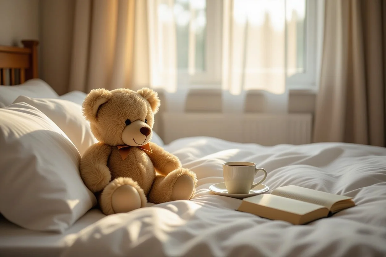 Cozy bedroom scene with teddy bear gift creating intimate cherished moment for everyday romantic gestures