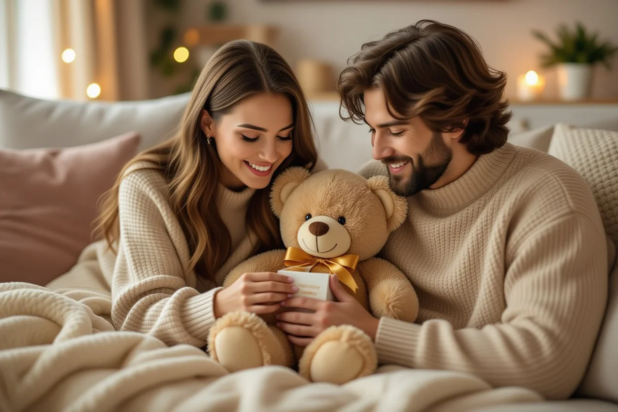 Couple sharing intimate moment discovering surprise in romantic teddy bear gift
