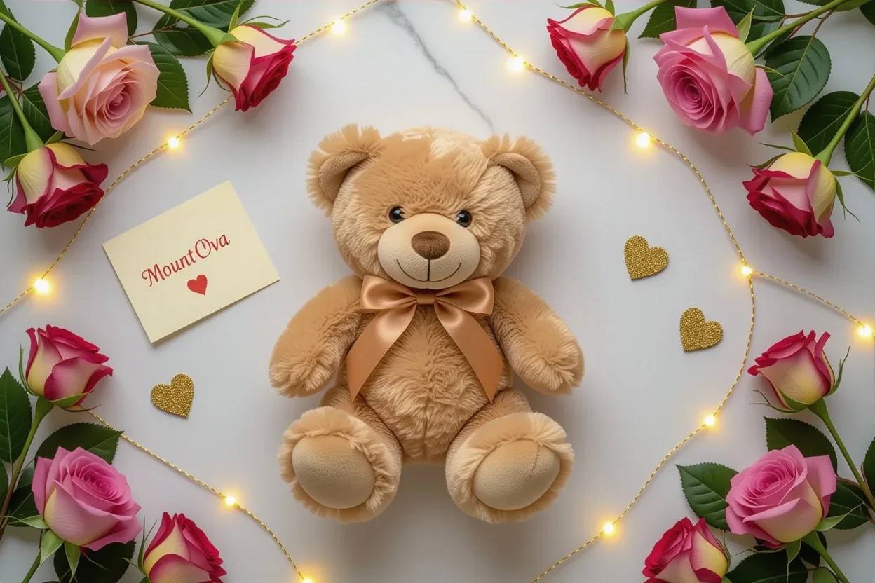 Romantic gift arrangement with teddy bear and Valentine's Day decorations flat lay