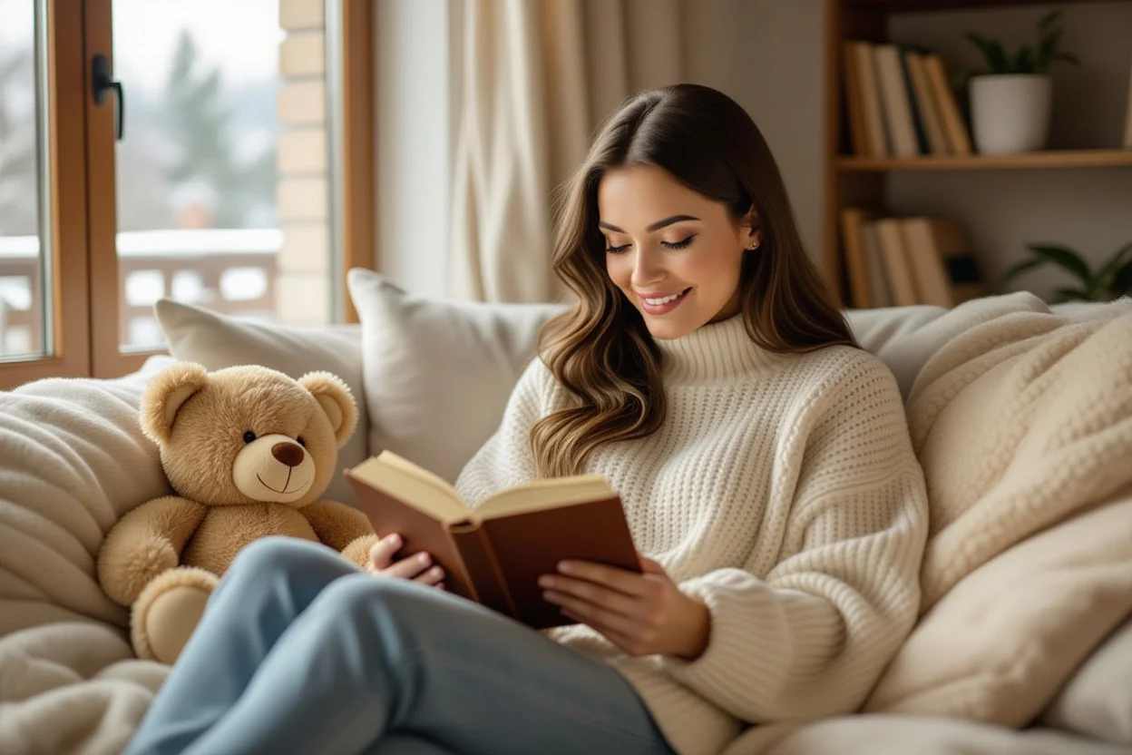 Woman reading on couch with romantic teddy bear gift in cozy home setting