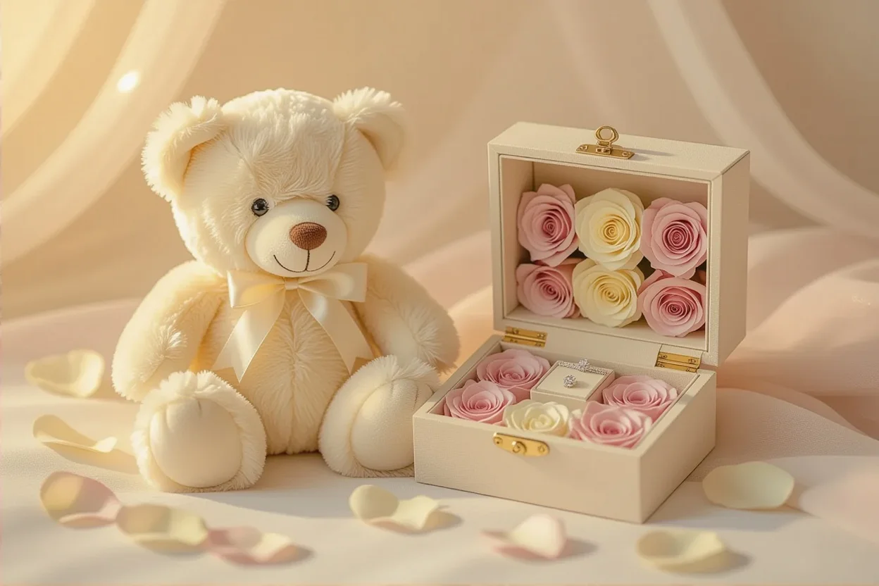 Teddy bear with hidden compartment containing preserved roses and jewelry box surprise gift