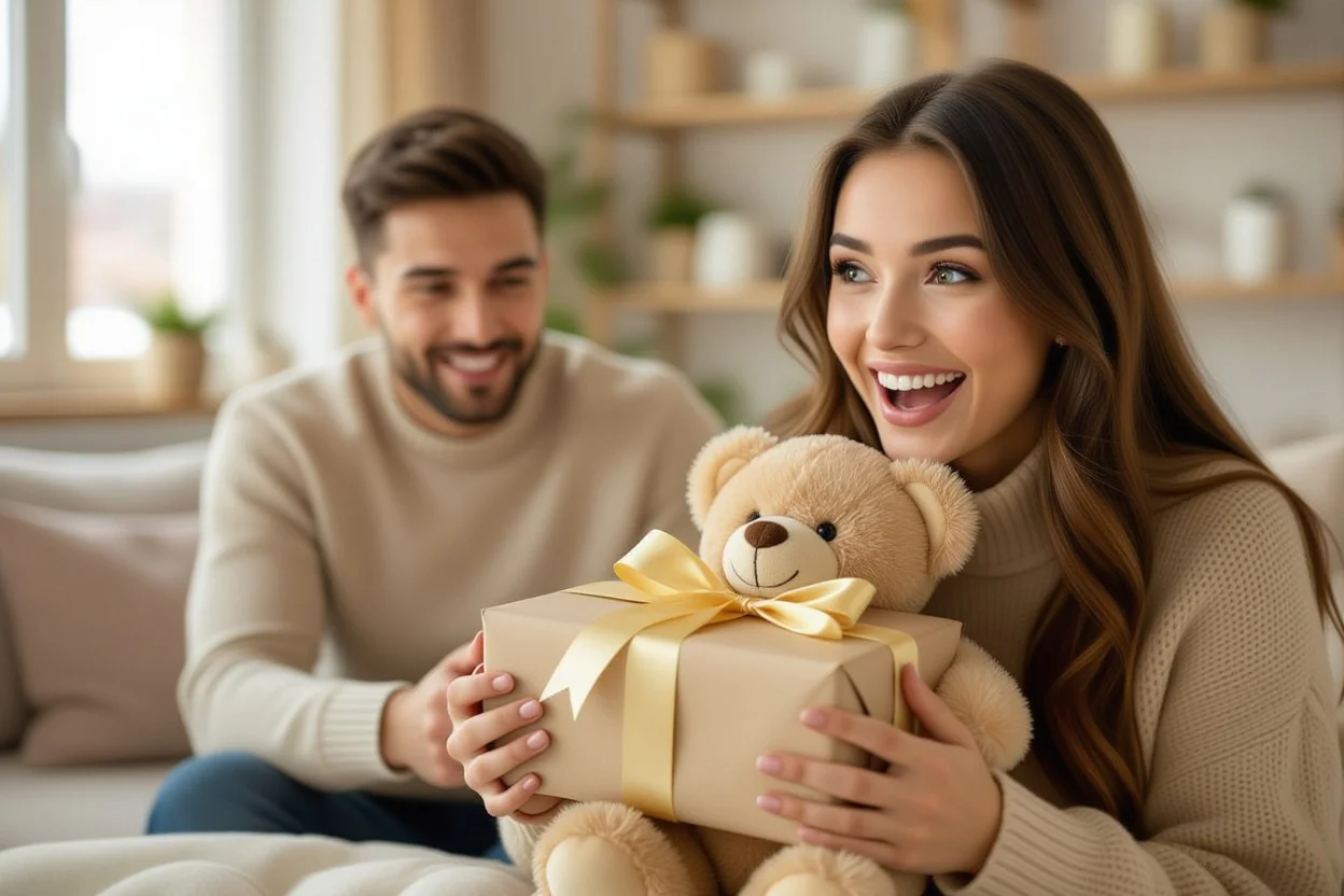 Woman receiving surprise teddy bear gift with joyful expression romantic moment
