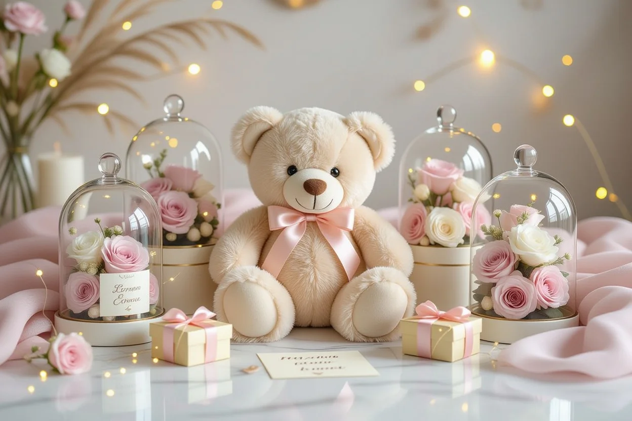 Romantic flat lay with teddy bear preserved flowers and love notes Valentine's Day gifts