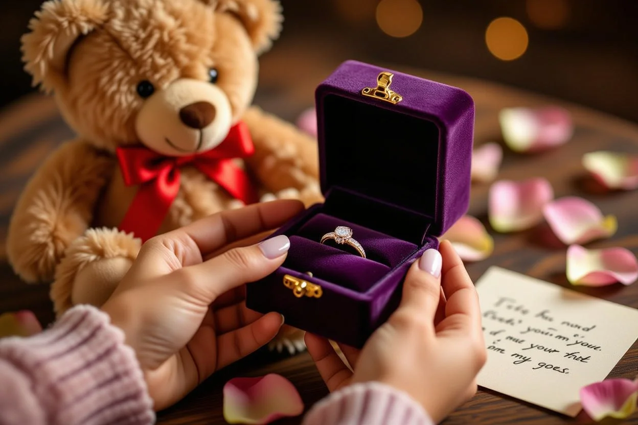 Hands discovering hidden jewelry box inside teddy bear secret compartment surprise gift