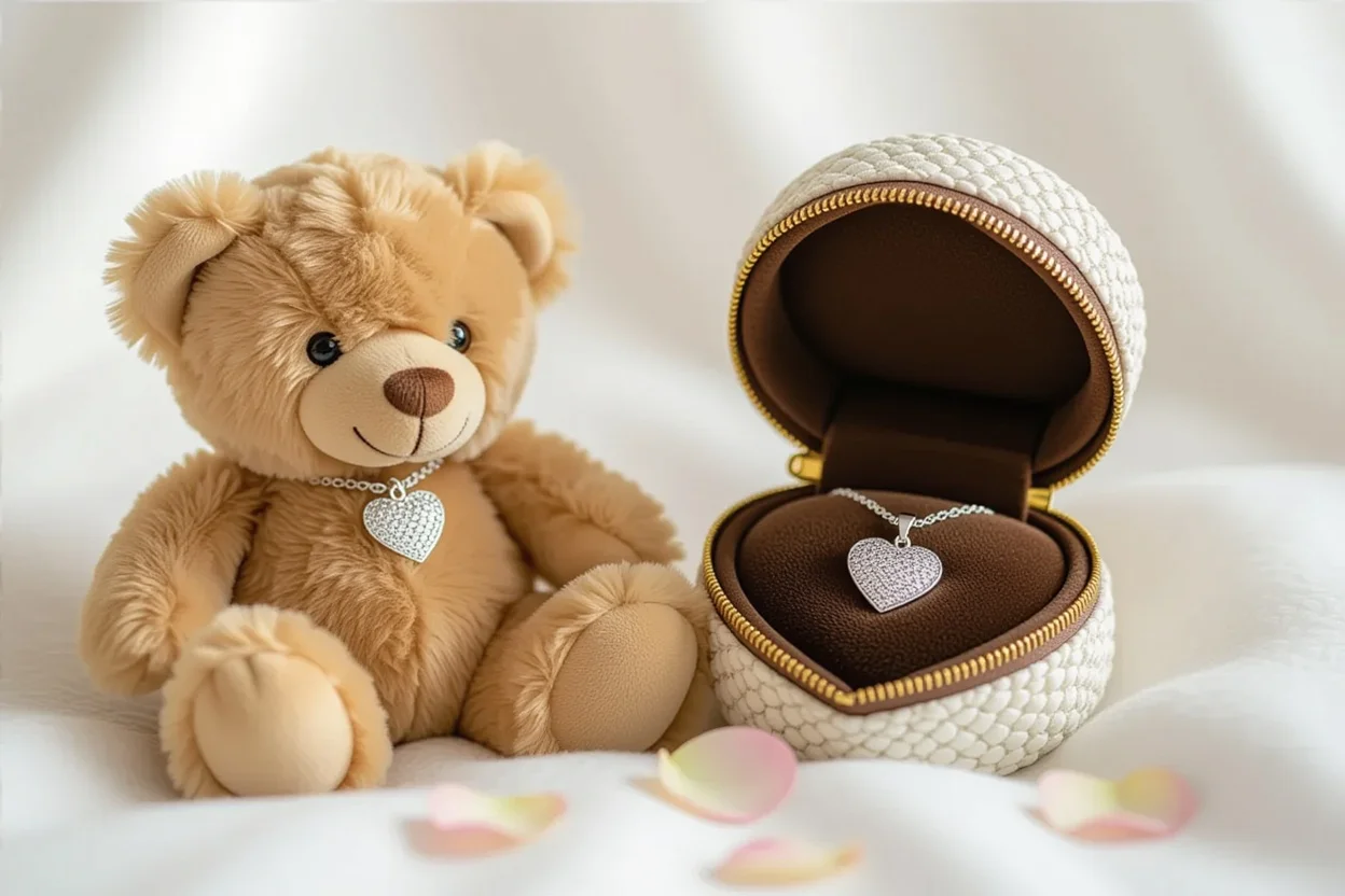 Teddy bear with hidden necklace compartment revealed showing silver heart jewelry surprise gift
