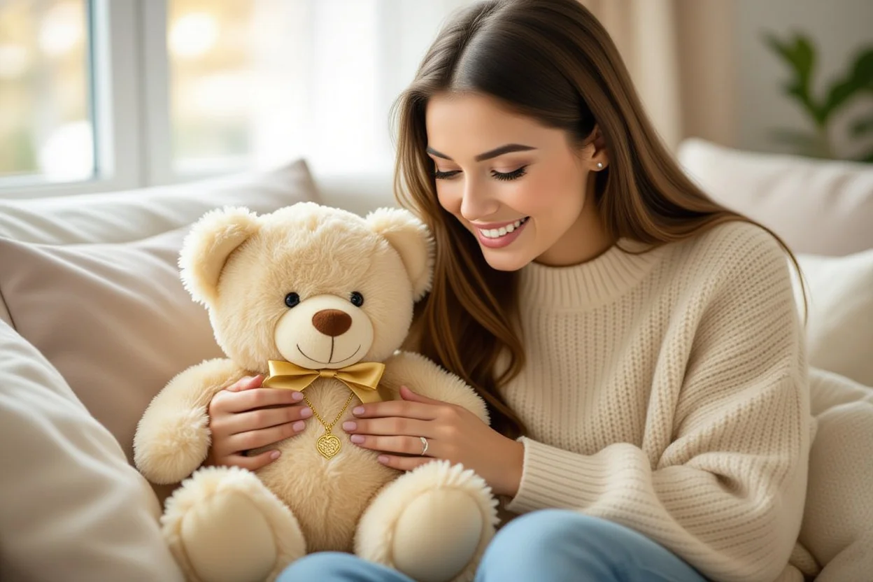 Woman discovering hidden necklace surprise inside teddy bear gift showing joy and amazement