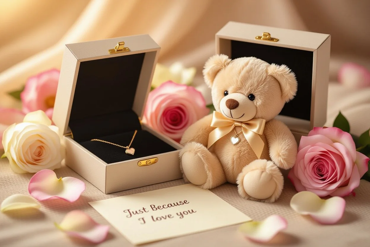 Romantic teddy bear gift set with hidden rose gold necklace and love note flat lay arrangement