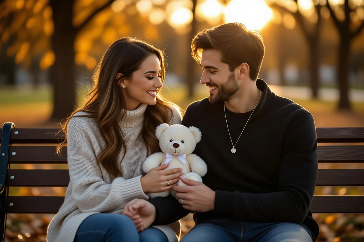 Happy couple sharing romantic teddy bear surprise gift moment with hidden necklace on park bench