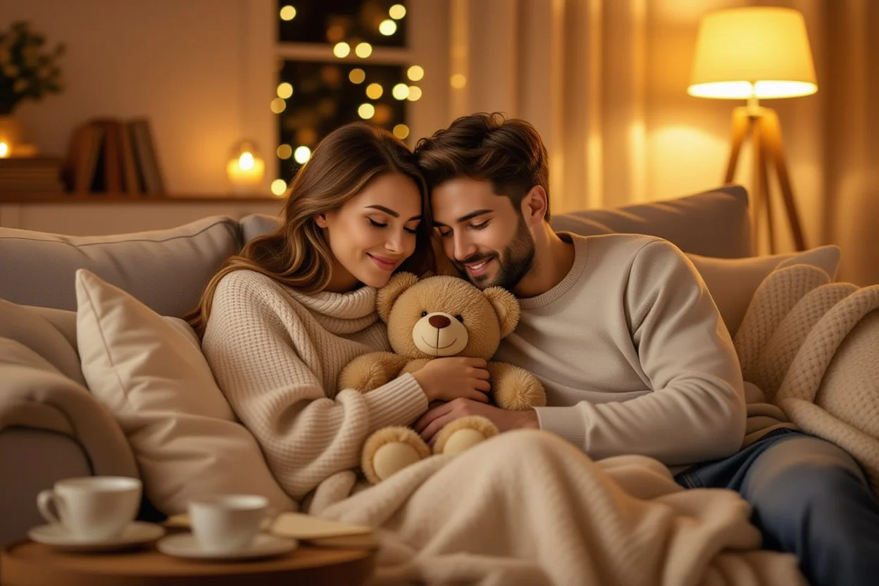 Couple enjoying quiet intimate evening together with teddy bear gift showing everyday romance