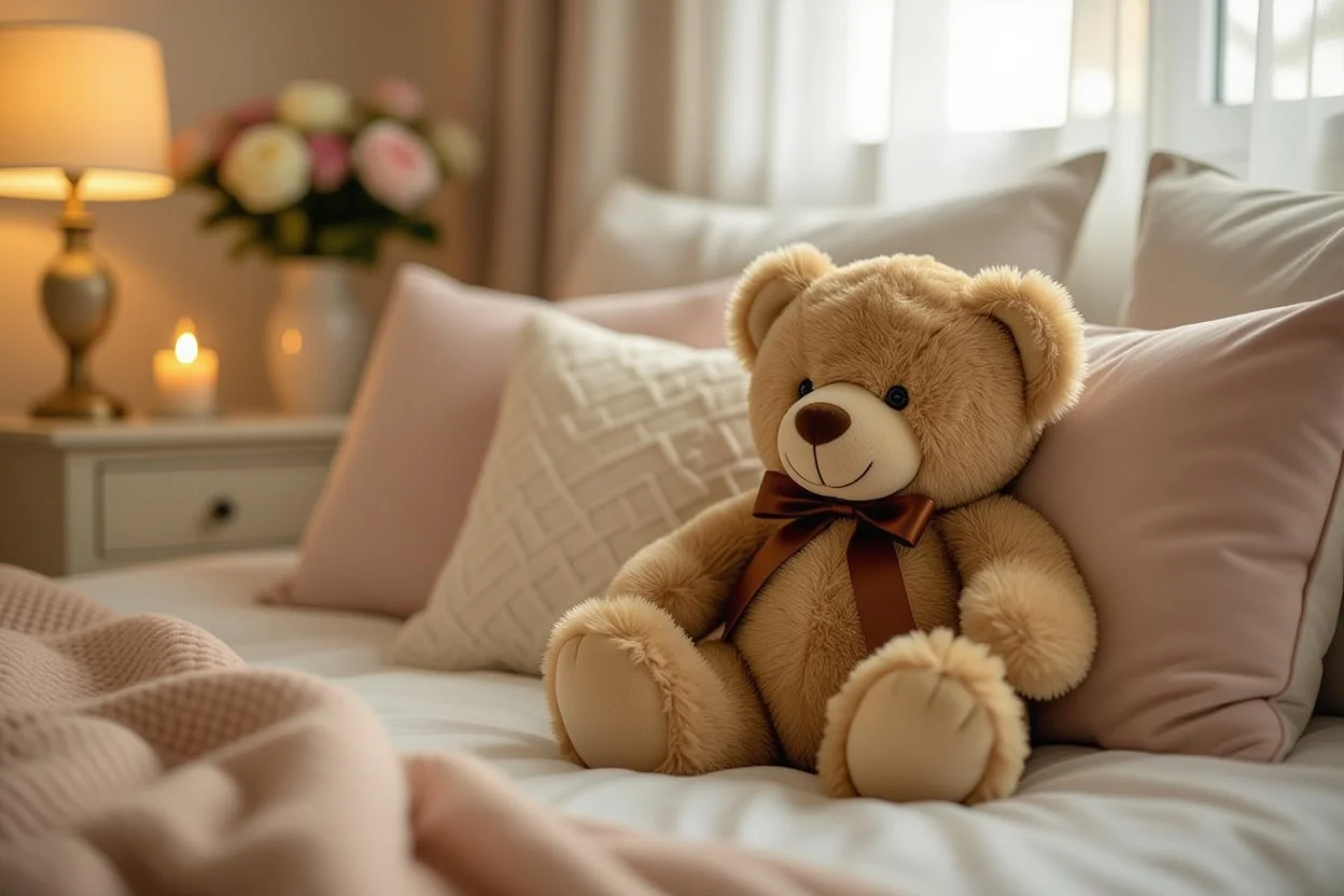 Mountova teddy bear in bedroom setting representing daily love and romantic home decor