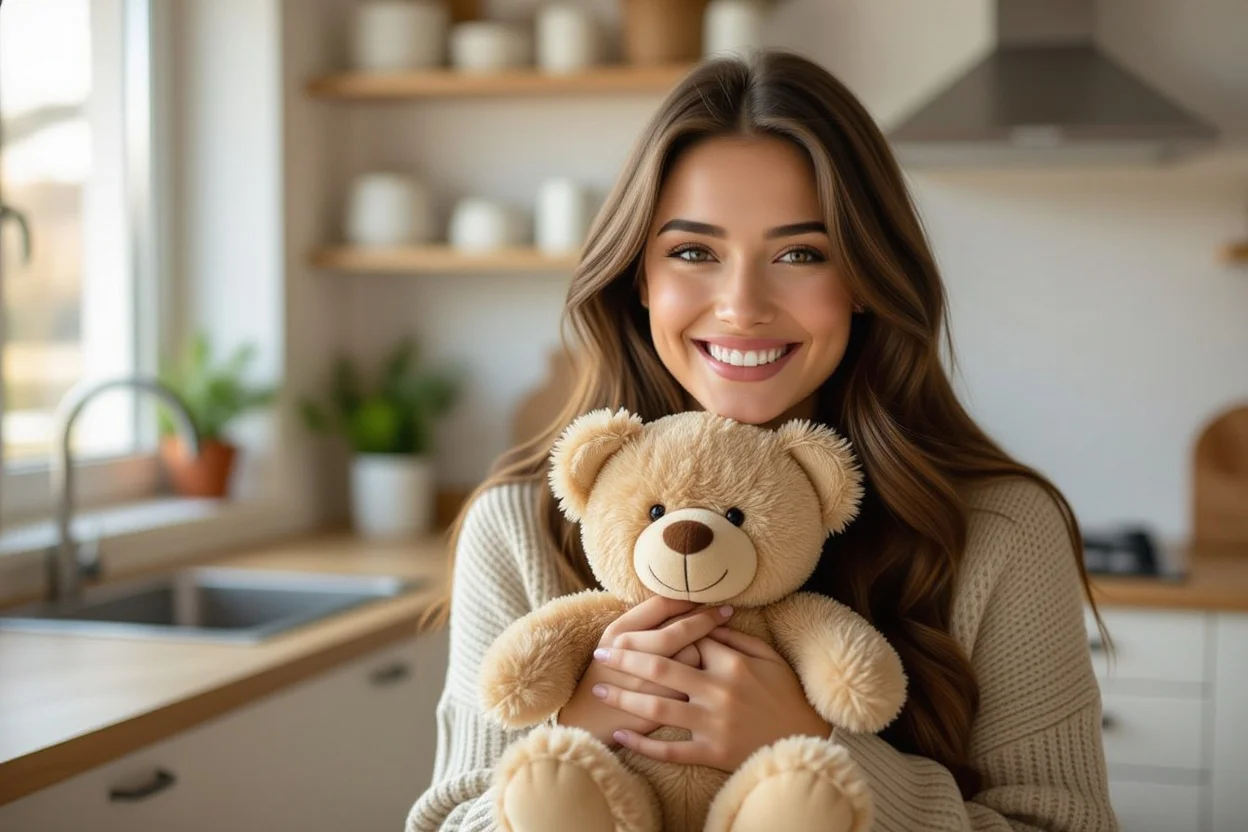 Happy woman receiving teddy bear as everyday surprise gift showing joy in simple romantic gestures