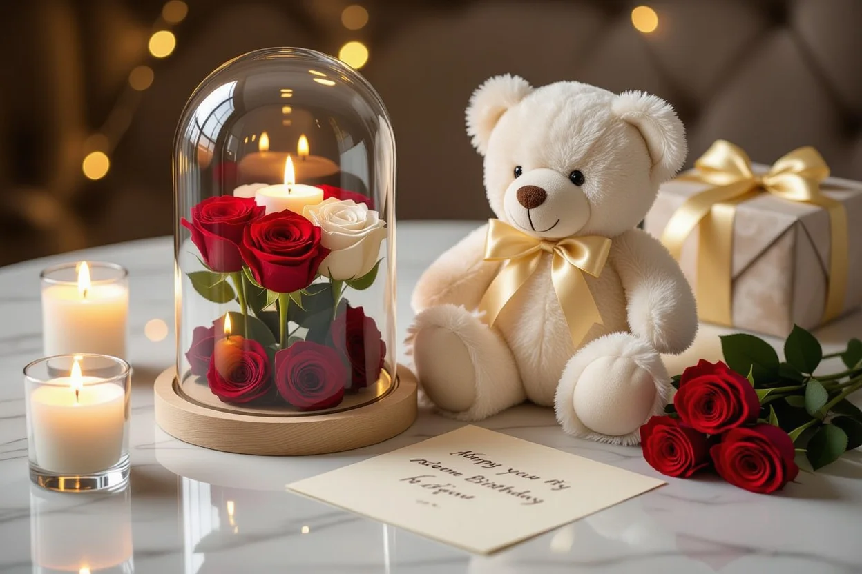 Romantic teddy bear gift arrangement with preserved roses and candlelight for special occasions