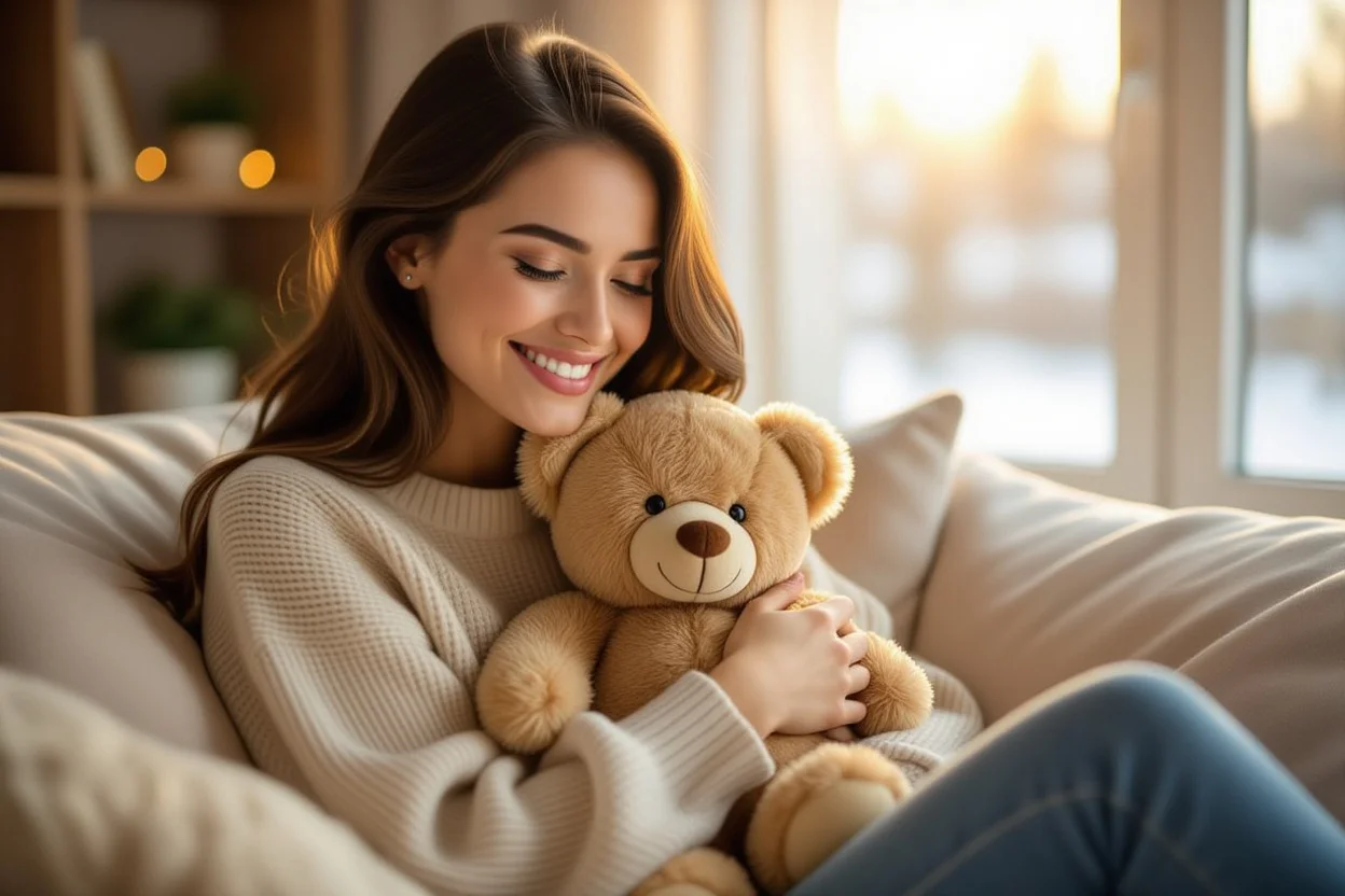 Happy woman receiving and hugging teddy bear gift showing joy and emotional connection
