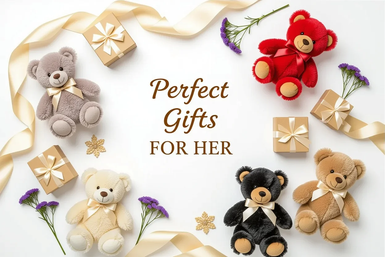 Mountova teddy bear gift guide flat lay arrangement showing variety of romantic gift options