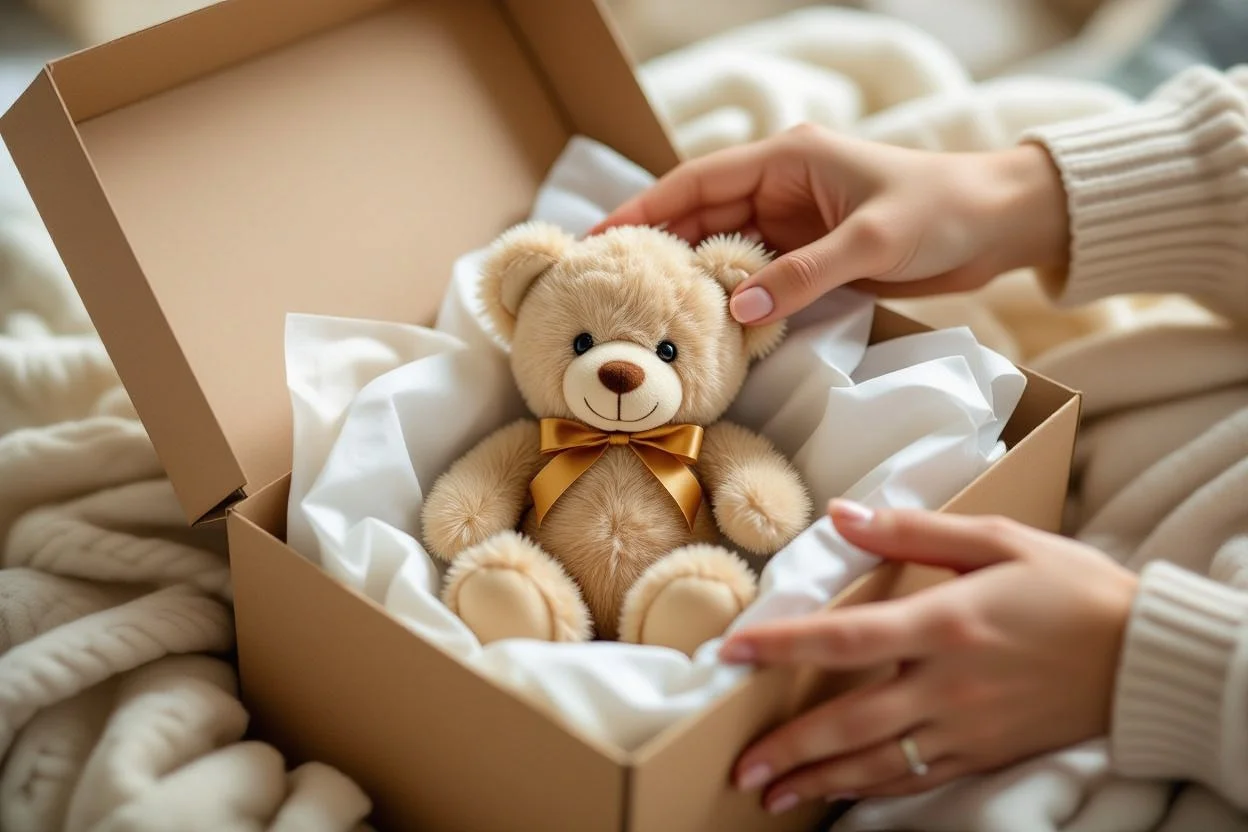 Hands carefully placing teddy bear into gift box showing thoughtful gift preparation process
