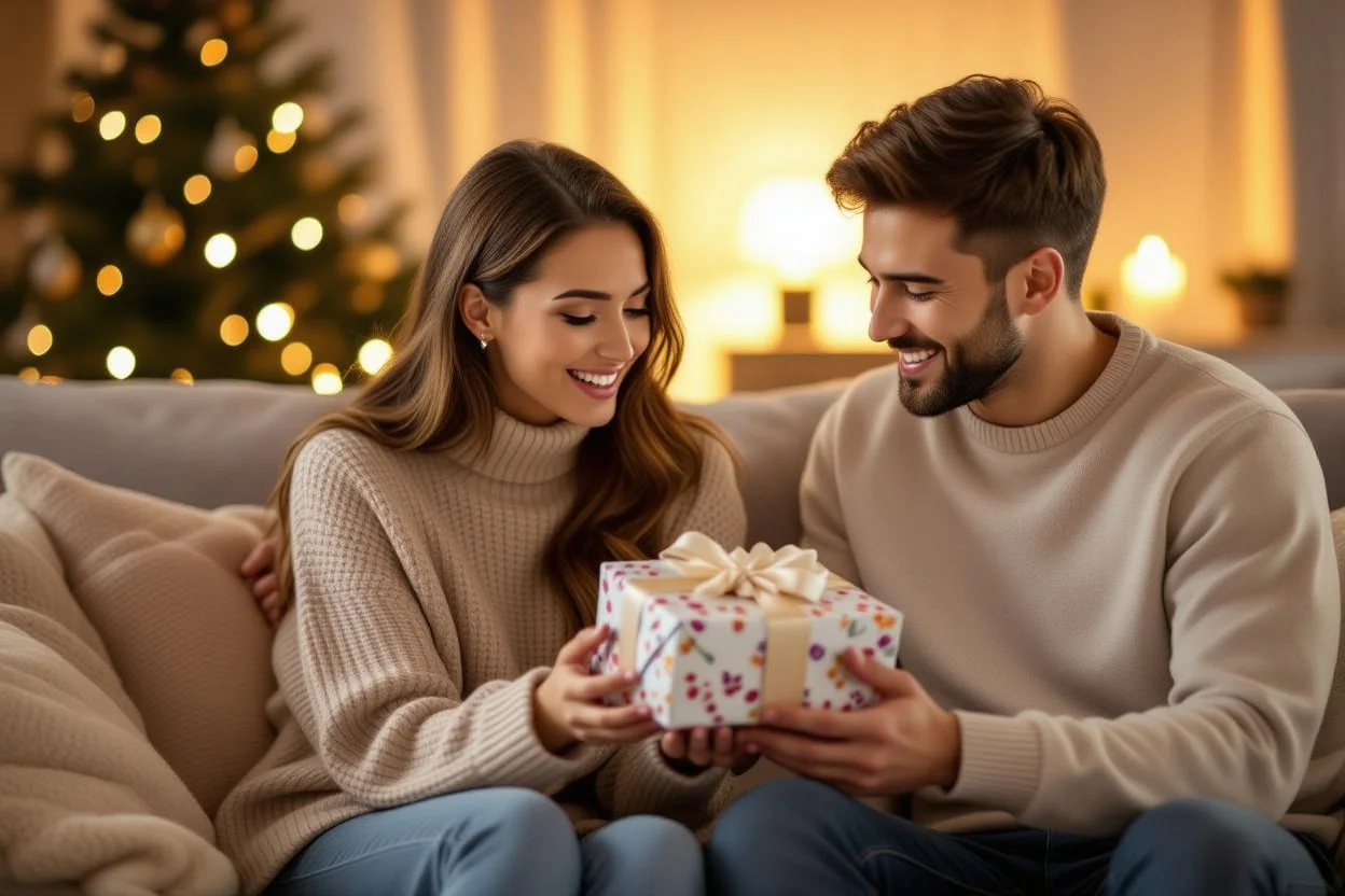 Couple sharing intimate gift-giving moment showing emotional connection and romantic surprise