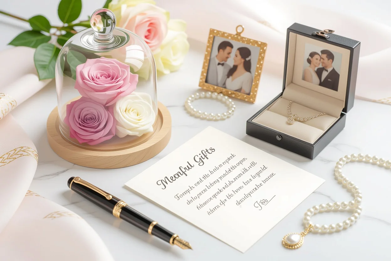 Elegant arrangement of meaningful lasting gifts including preserved roses, jewelry, and love letter