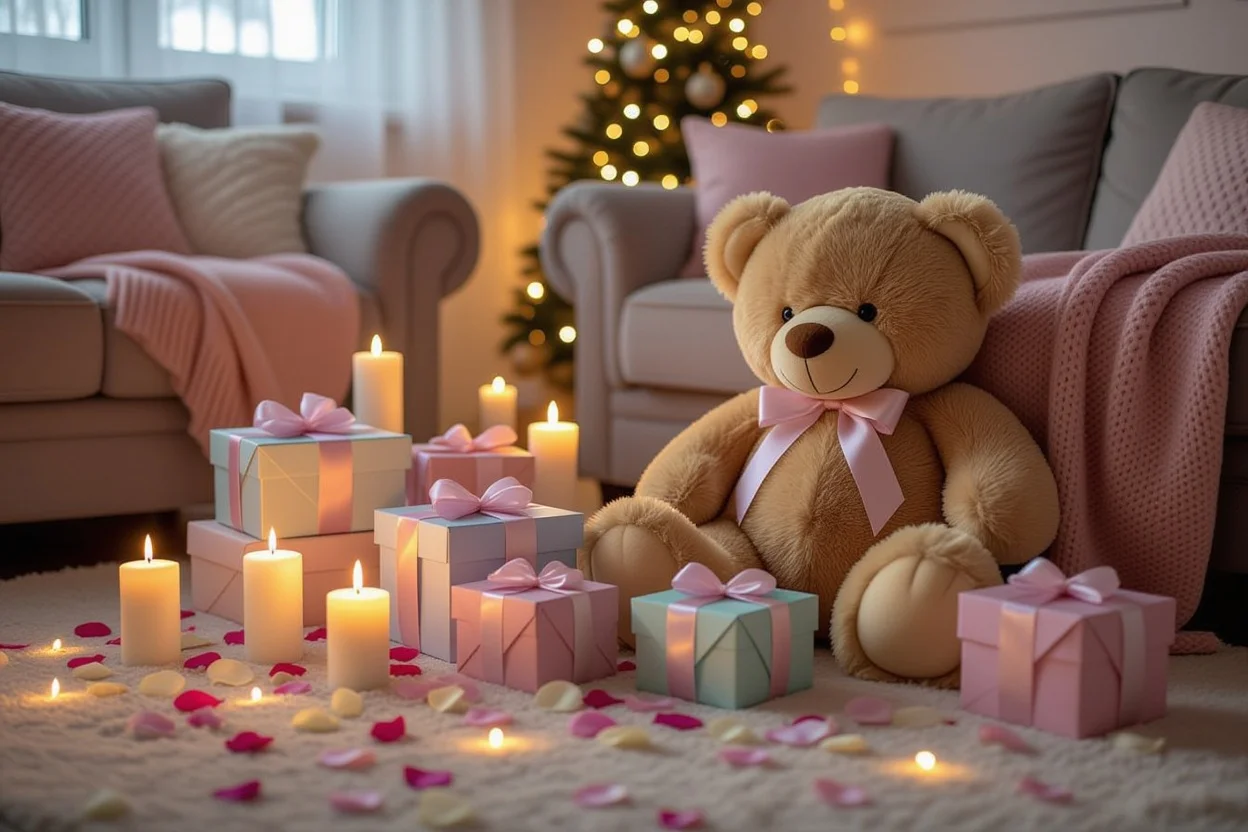 Romantic surprise gift setup with teddy bear, candles, and fairy lights creating magical atmosphere