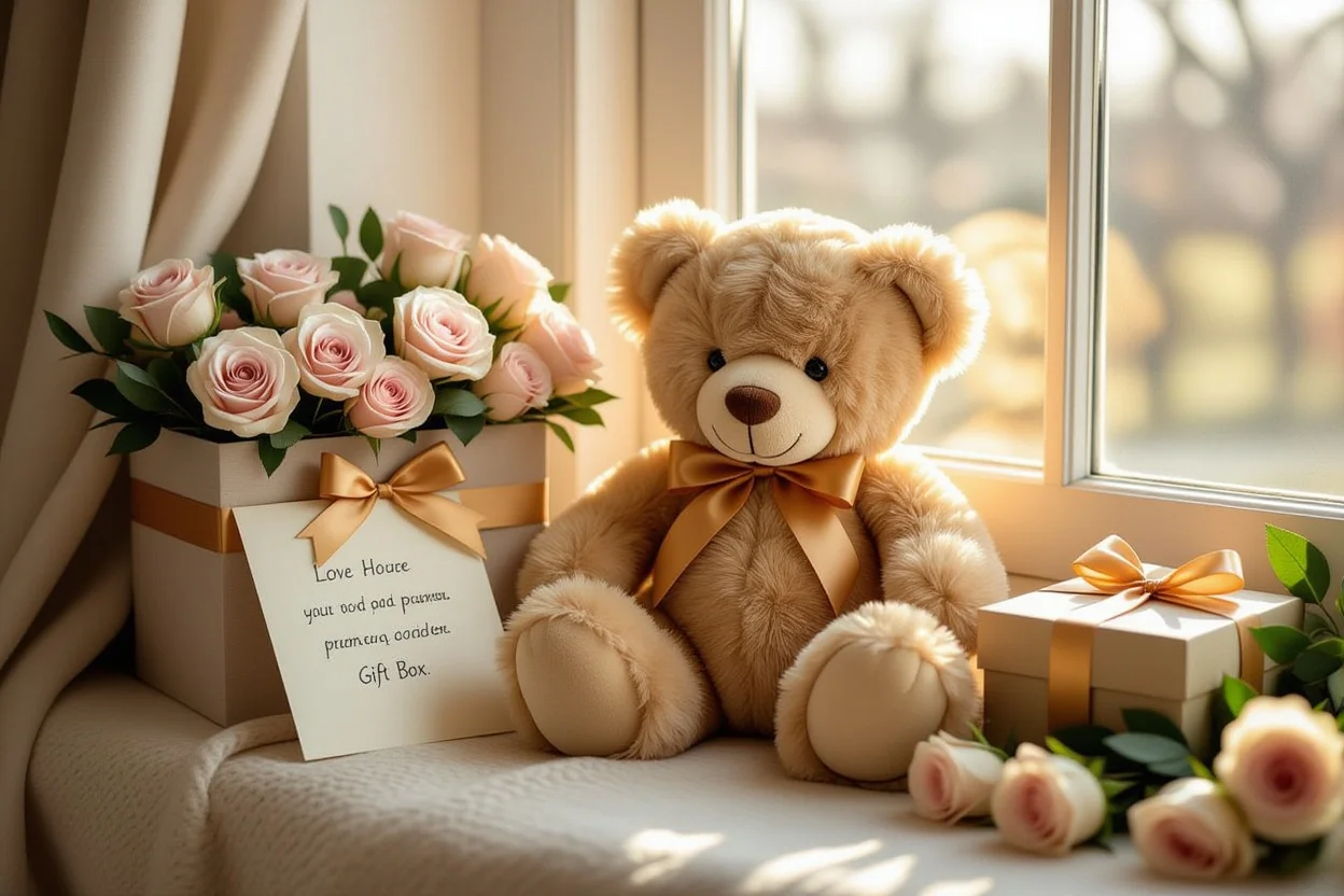 Luxury teddy bear romantic gift with preserved roses and love note for Valentine's Day