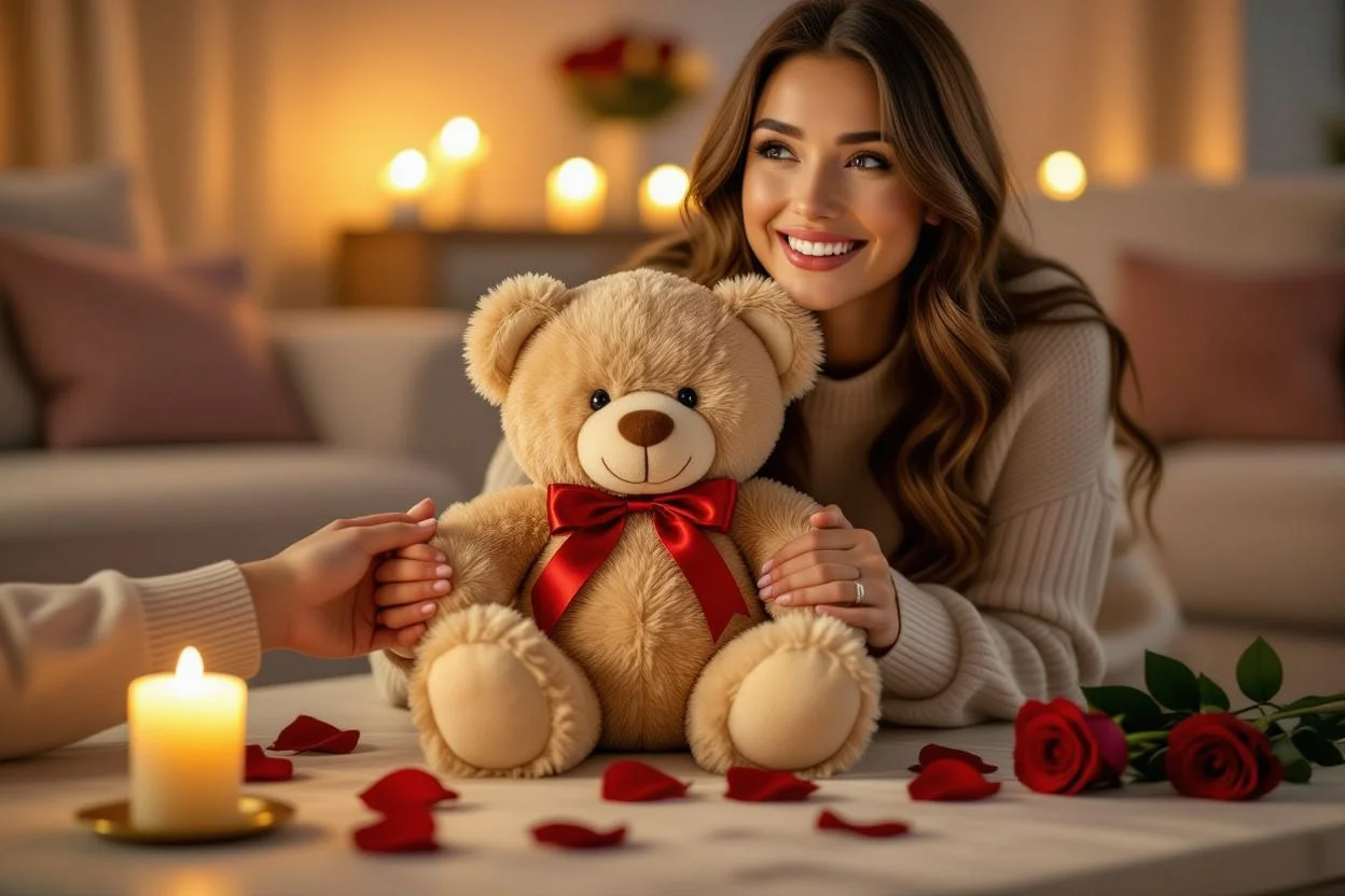 Couple sharing romantic teddy bear gift moment with surprise and joy